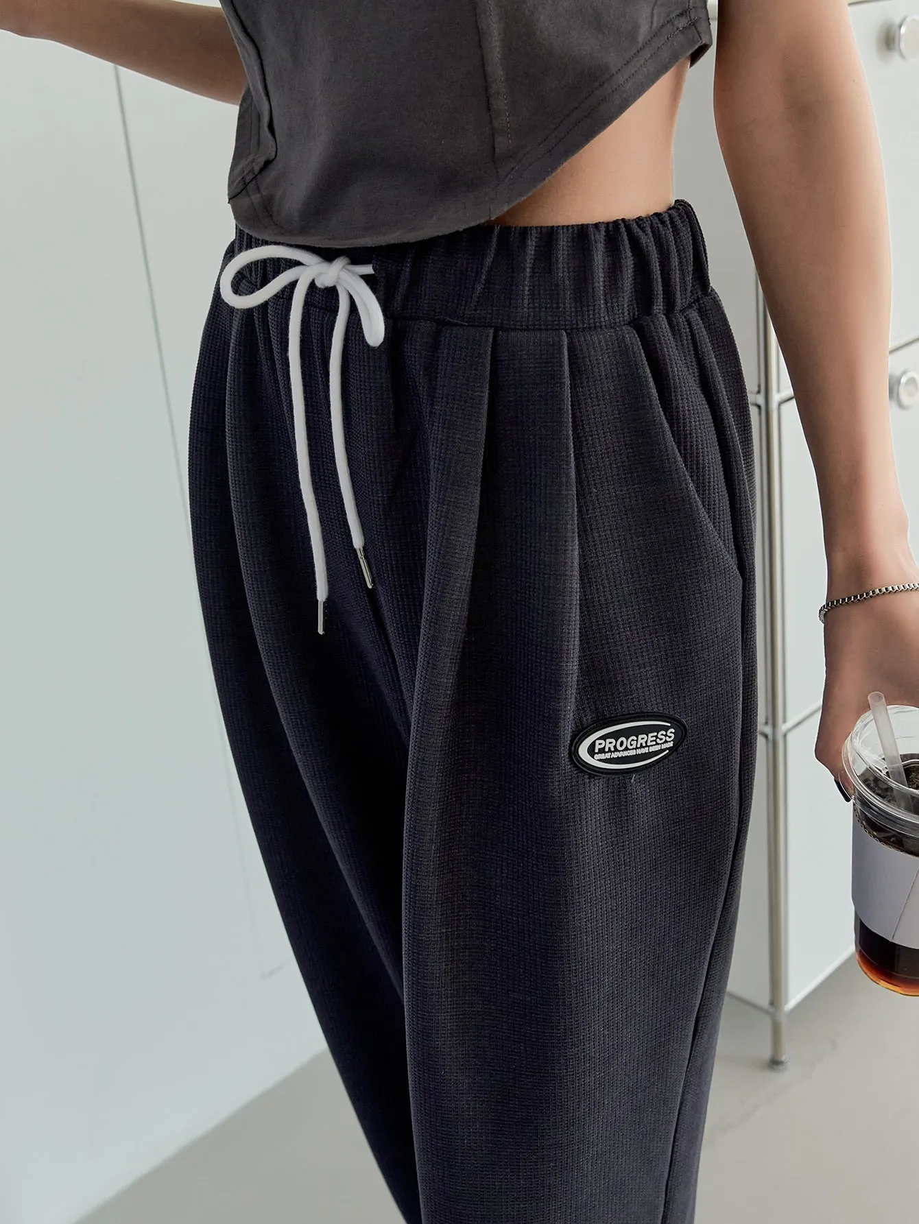 Letter Patch Drawstring Wide Leg Sweatpants