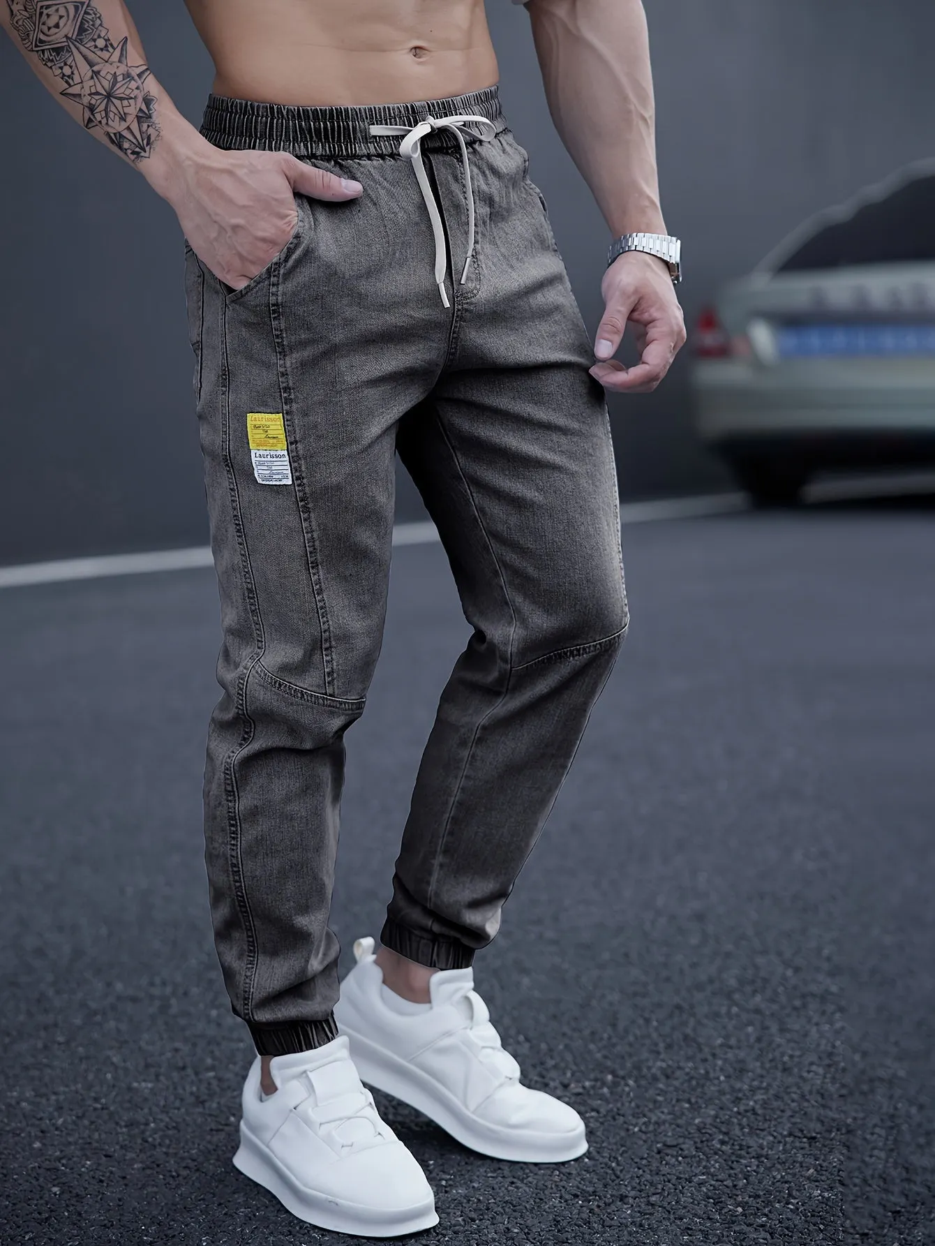 Men's Drawstring-Waist Tapered Denim Joggers