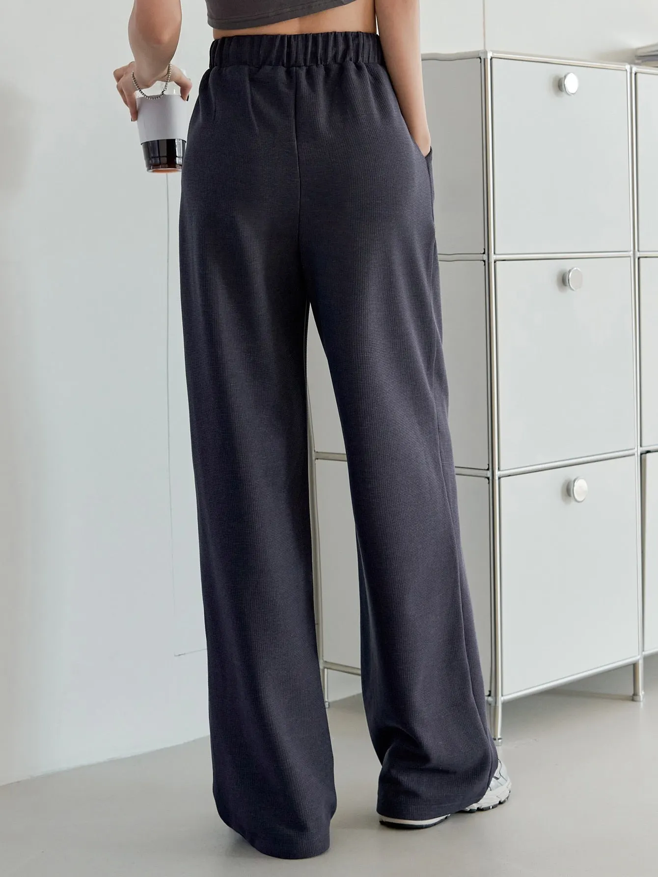 Letter Patch Drawstring Wide Leg Sweatpants